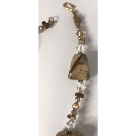 Bohemian Glass Beaded Necklace Agate Champagne Beige Stone Earthy Statement 20"" - Picture 5 of 10